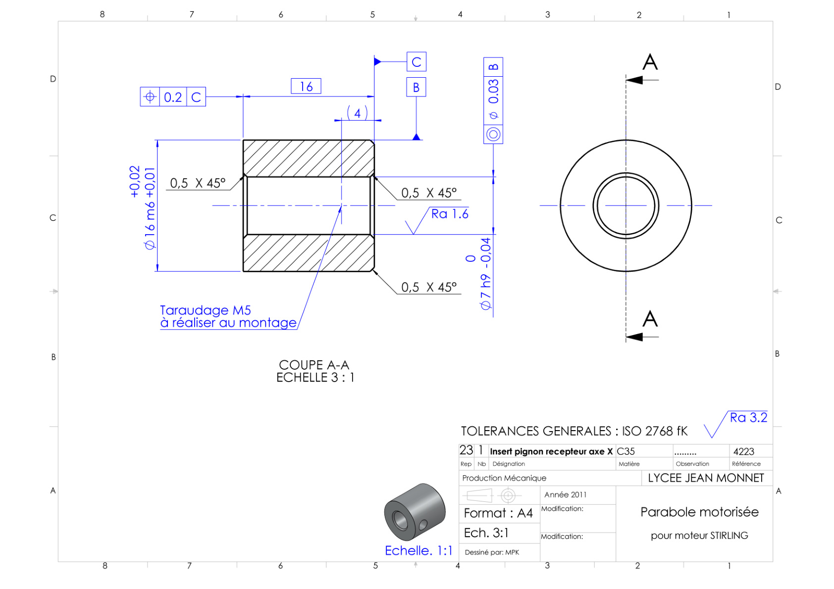 Insert pignon récepteur axe X